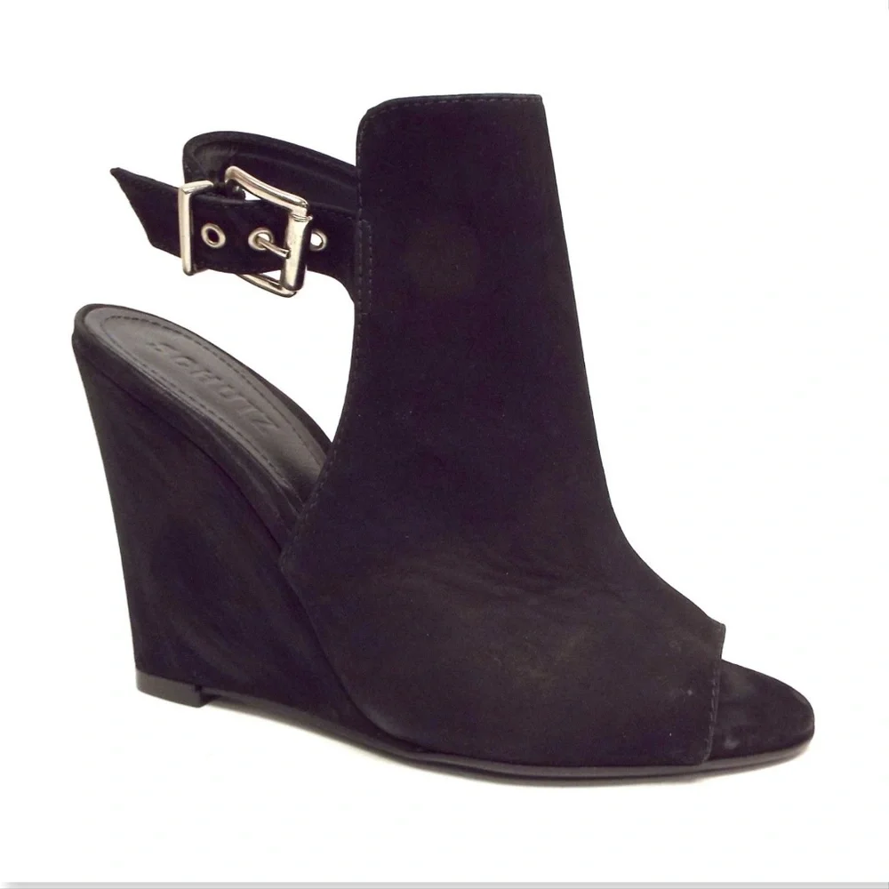 SCHUTZ Black Nubuck Leather Open Toe Buckled Sling Wedge Ankle Bootie Heels 7